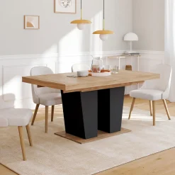 IDMarket Table à manger extensible avec pied central bois et noir* Collection Contemporaine|Salle À Manger Complète