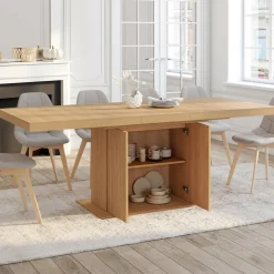 IDMarket Table à manger extensible 160-200 cm lattes tasseau bois avec rangement pied central 6-10 personnes* Collection Design|Collection Moderne