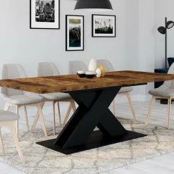 IDMarket Table à manger extensible rectangle 160-200 cm 6-10 personnes pied X noir et plateau bois foncé* Collection Vintage|Tables