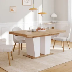 IDMarket Table à manger extensible avec pied central bois et blanc* Collection Contemporaine|Salle À Manger Complète