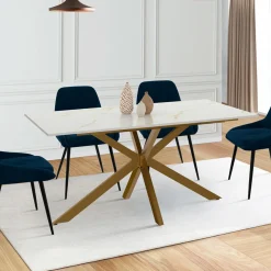 IDMarket Table à manger extensible 160-200 cm 6-10 personnes avec plateau effet marbre doré et pied araignée en laiton* Collection Design|Collection Moderne