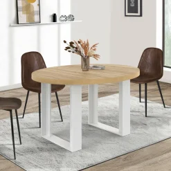 IDMarket Table à manger extensible ronde bois et blanc 110-150 cm pour 4 à 6 personnes* Tables|Tables Et Chaises