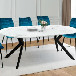 IDMarket Table à manger extensible ronde 4-10 personnes pied araignée noir plateau effet marbre blanc 110-200 cm* Collection Design|Collection Moderne