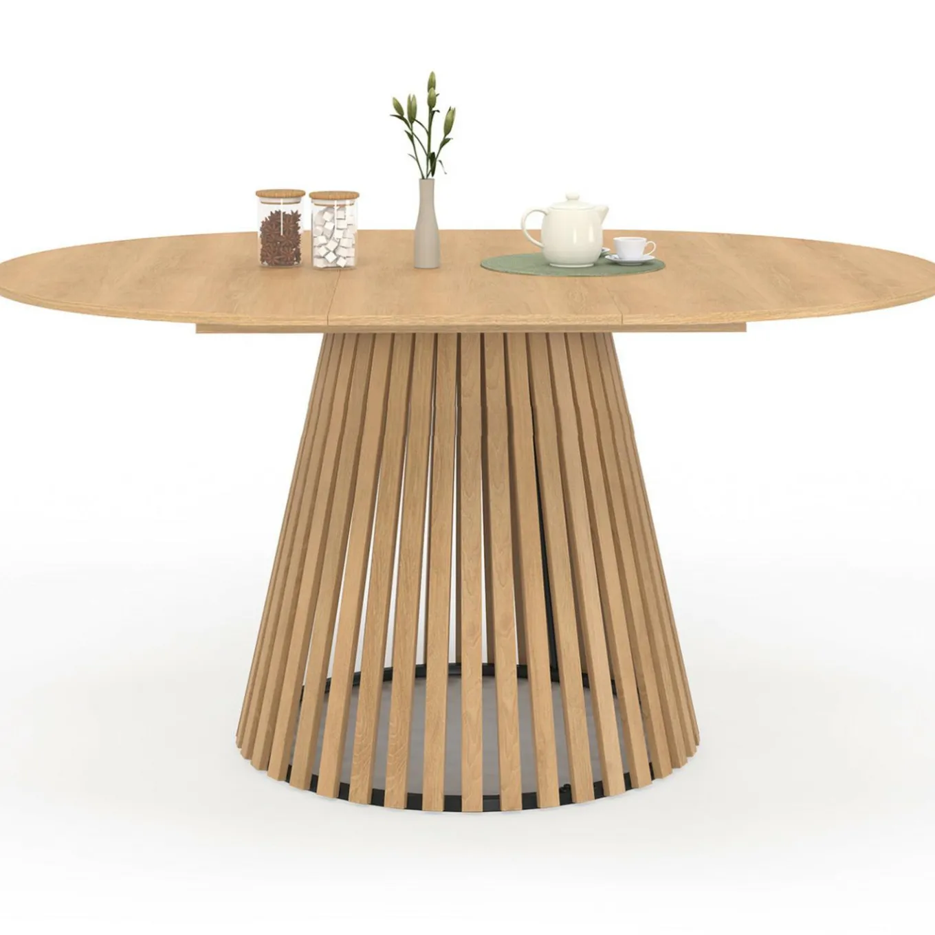IDMarket Table à manger extensible ronde 4-8 personnes pied bois en lattes et plateau bois 110 - 150cm* Tables|Tables Et Chaises