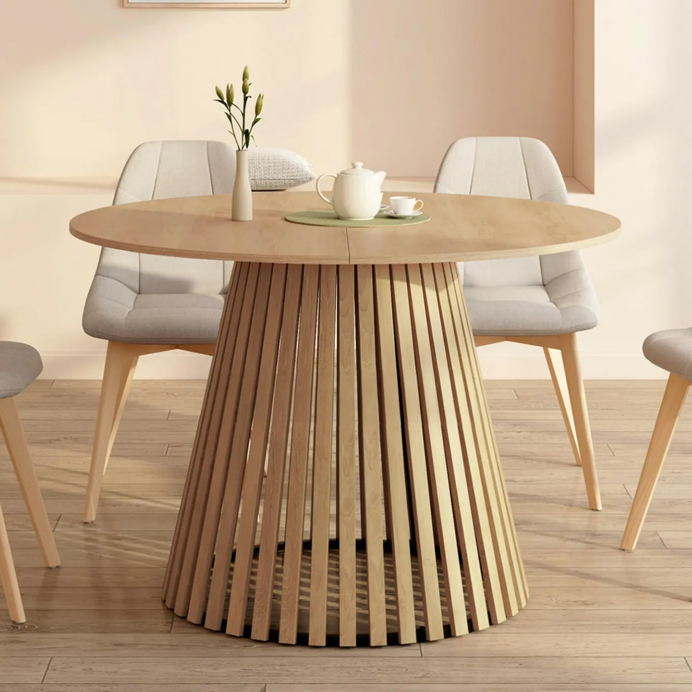 IDMarket Table à manger extensible ronde 4-8 personnes pied bois en lattes et plateau bois 110 - 150cm* Tables|Tables Et Chaises