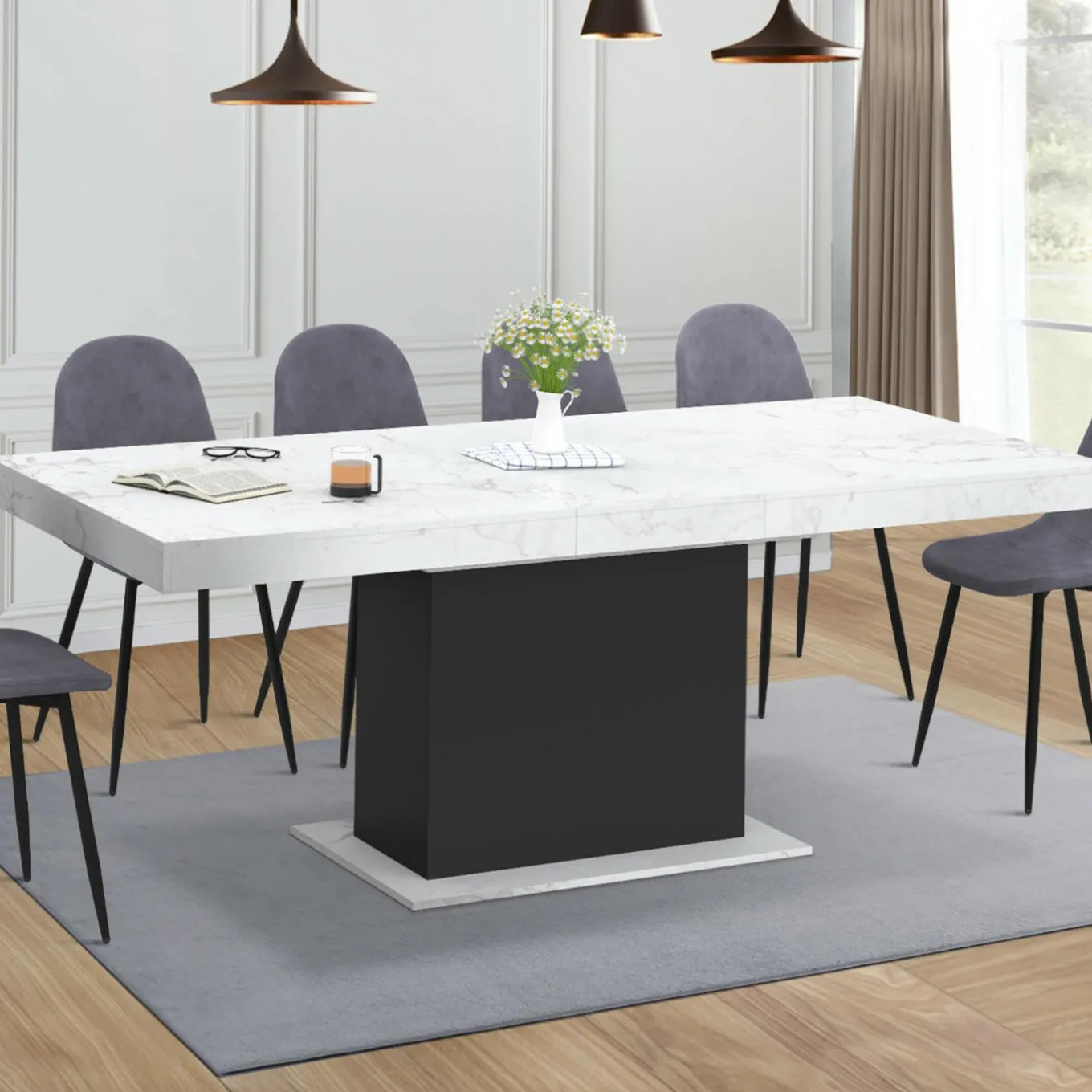 IDMarket Table à manger extensible 160-200 cm 6-10 personnes plateau effet marbre blanc pied noir* Tables|Tables Et Chaises