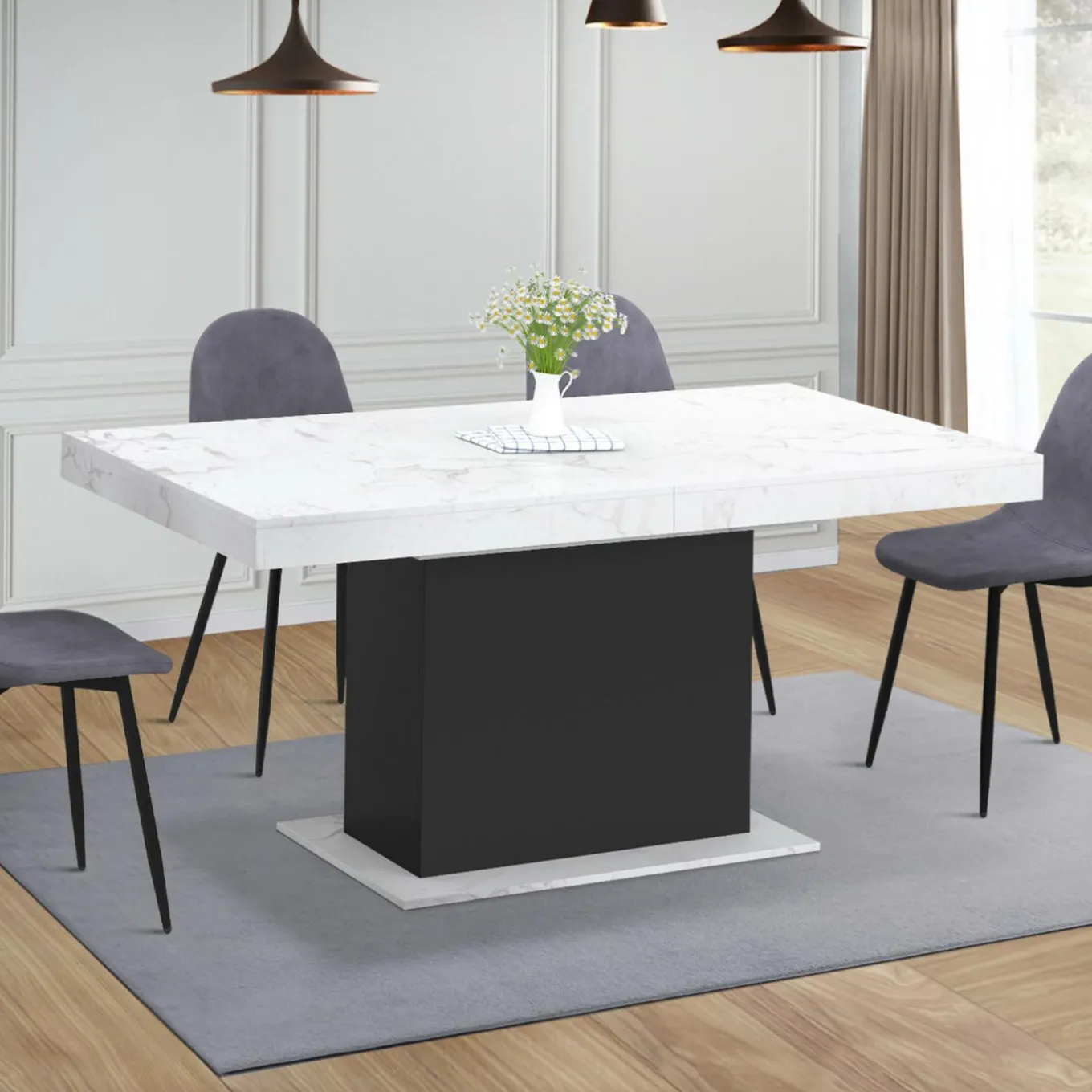 IDMarket Table à manger extensible 160-200 cm 6-10 personnes plateau effet marbre blanc pied noir* Tables|Tables Et Chaises