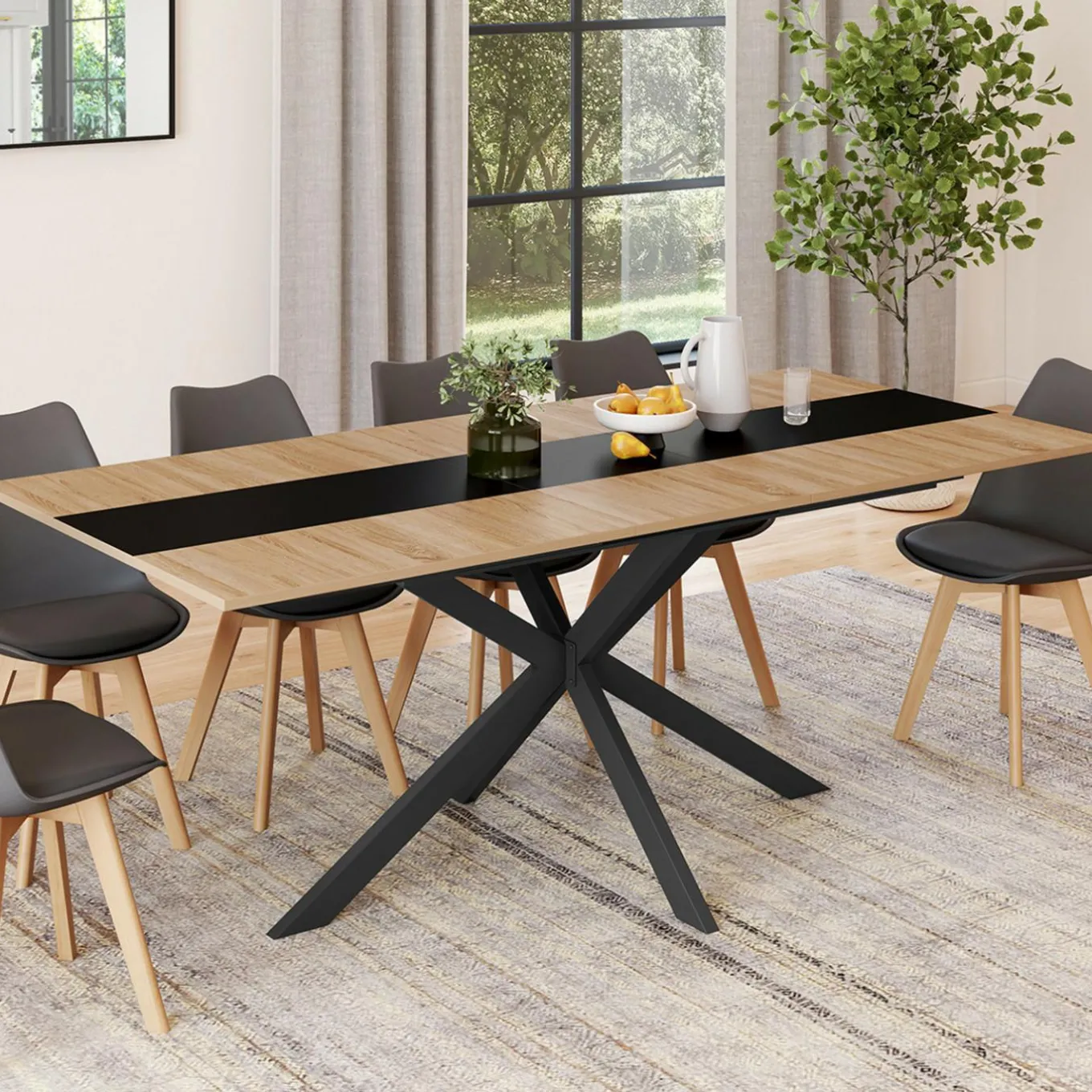 IDMarket Table à manger extensible rectangle bois et bande centrale noir 160 - 200 cm* Tables Et Chaises|Tables