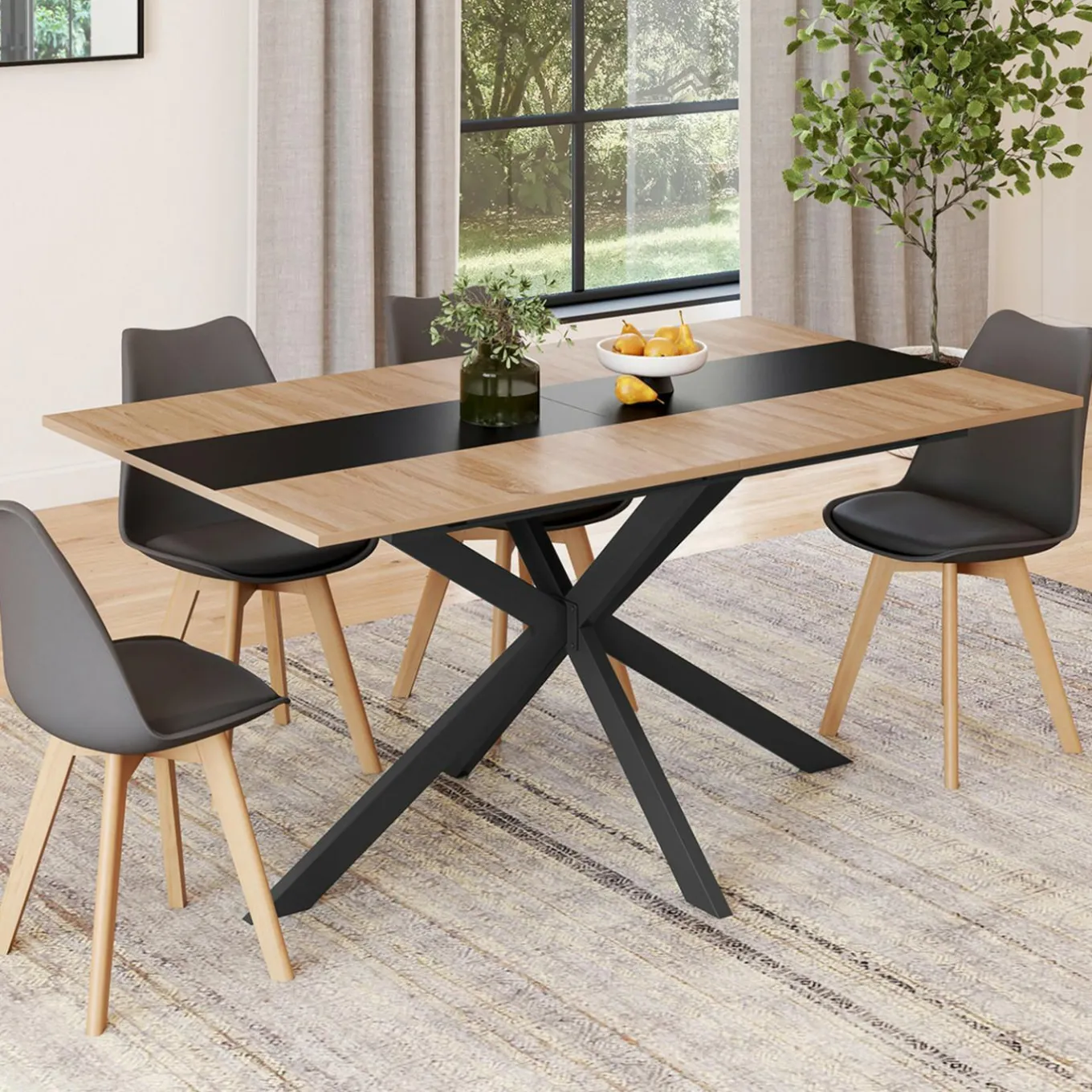 IDMarket Table à manger extensible rectangle bois et bande centrale noir 160 - 200 cm* Tables Et Chaises|Tables