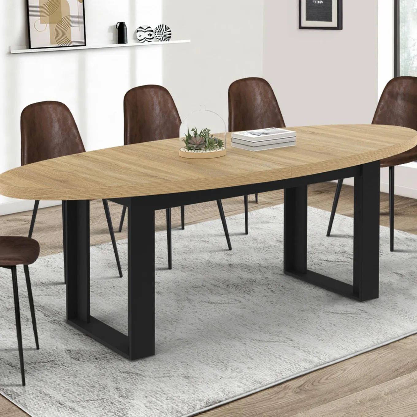 IDMarket Table à manger ovale 200 cm 8 personnes bois et noir style industriel* Meubles En Bois|Salle À Manger Complète