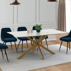 IDMarket Table à manger rectangle 8 personnes 160 cm pied araignée laiton et plateau effet marbre blanc* Collection Design|Tables