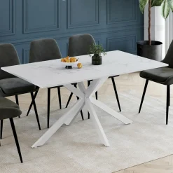 IDMarket Table à manger rectangle 160 cm 8 personnes pied araignée blanc plateau effet marbre blanc* Salle À Manger Complète|Tables Et Chaises