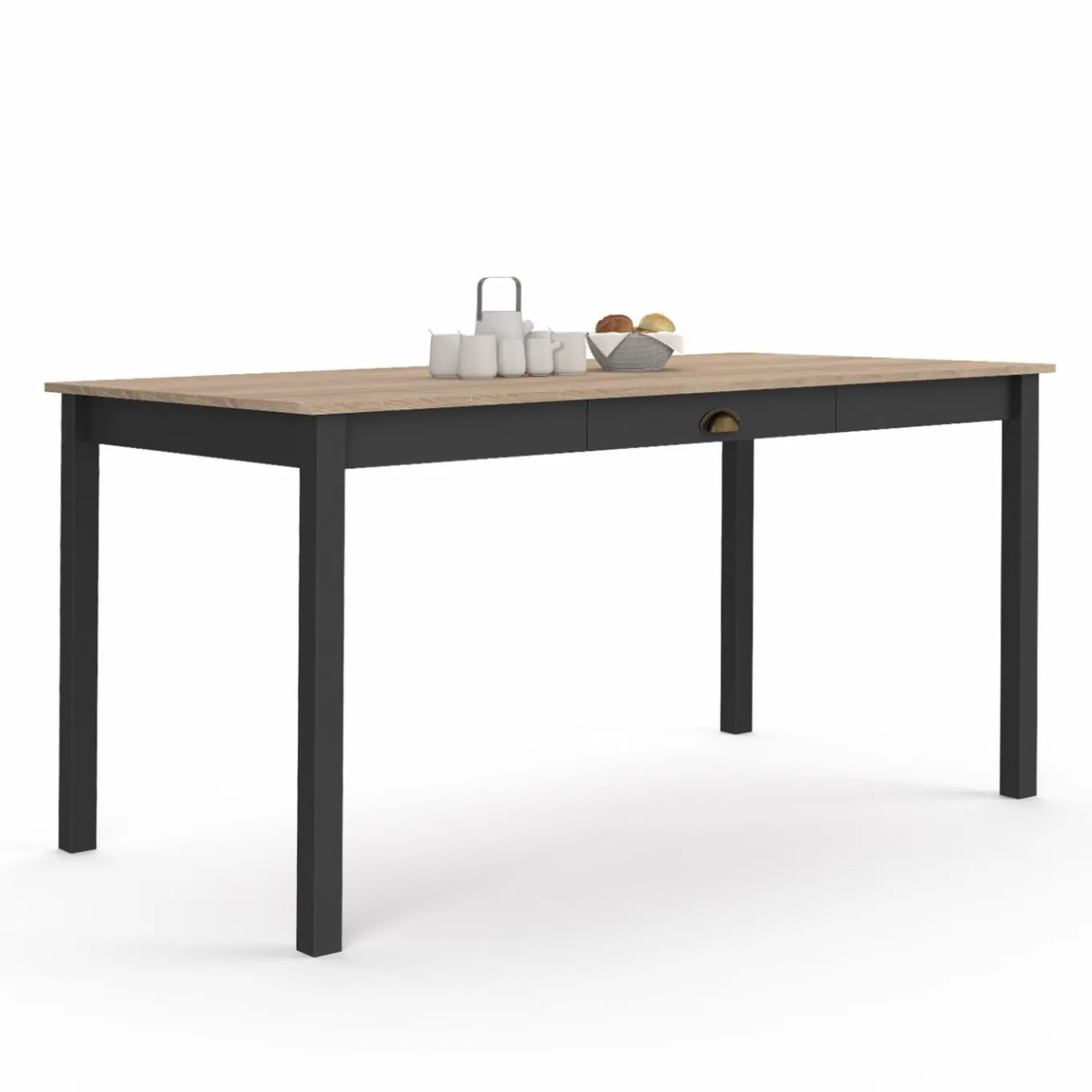 IDMarket Table à manger rectangulaire bois et noir avec tiroir* Collection Vintage|Meubles En Bois