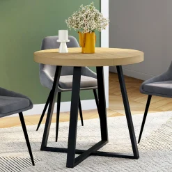 IDMarket Table à manger ronde 80 cm 4 personnes en bois et pieds noirs style industriel* Tables