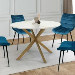 IDMarket Table à manger ronde 110 cm 6 personnes avec plateau effet marbre doré et pied araignée en laiton* Collection Design|Collection Moderne
