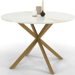 IDMarket Table à manger ronde 110 cm 6 personnes avec plateau effet marbre doré et pied araignée en laiton* Collection Design|Collection Moderne