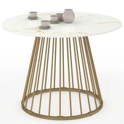 IDMarket Table à manger ronde 6 personnes pied filaire laiton et plateau effet marbre blanc 110 cm* Collection Contemporaine|Tables