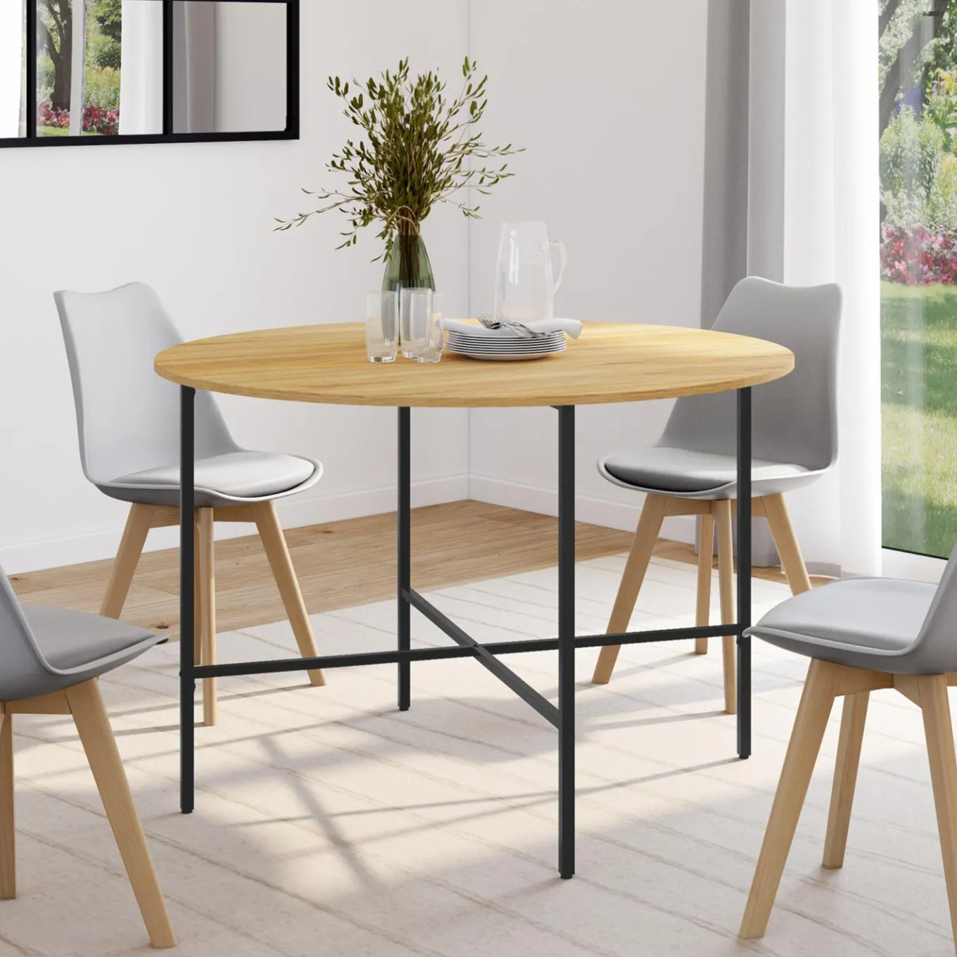 IDMarket Table à manger ronde bois et métal 110 cm 4 personnes* Tables|Tables Et Chaises