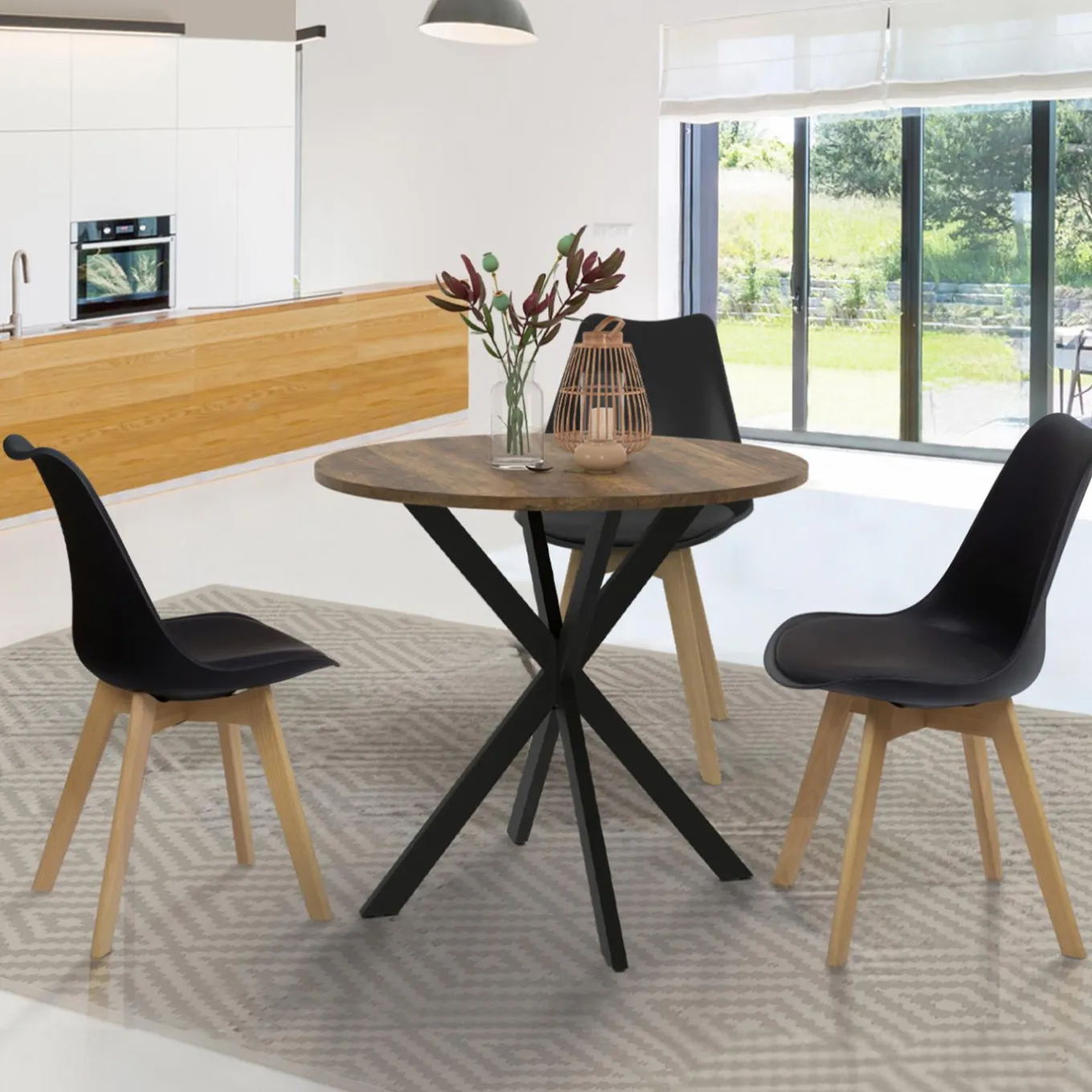 IDMarket Table à manger ronde bois foncé et noir 80 cm* Collection Vintage|Collection Industrielle