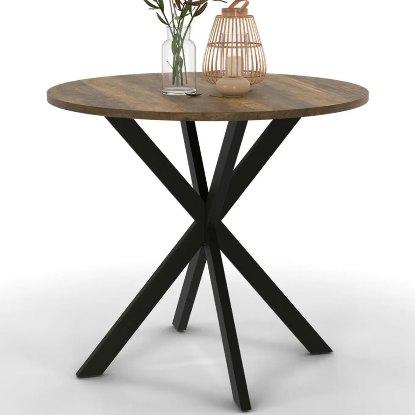 IDMarket Table à manger ronde bois foncé et noir 80 cm* Collection Vintage|Collection Industrielle