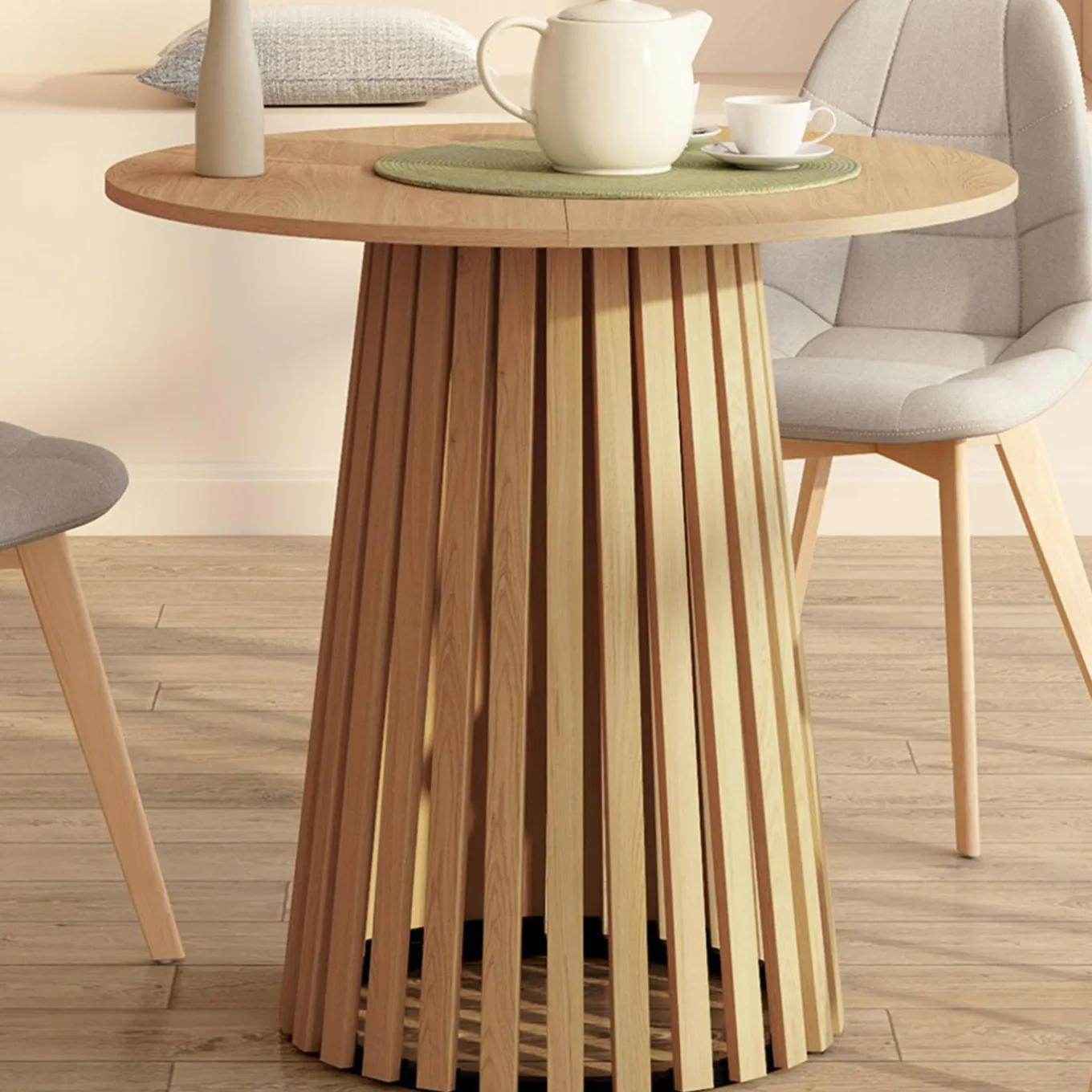 IDMarket Table à manger ronde CARMEN 6 personnes pied bois en lattes et plateau bois 80 cm* Meubles En Bois|Tables