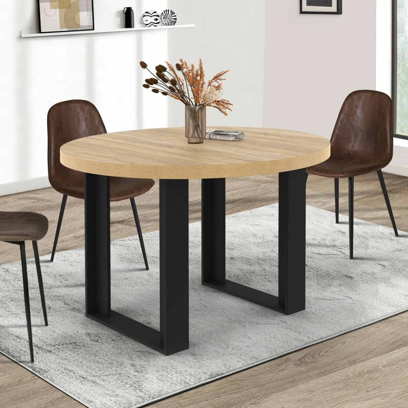 IDMarket Table à manger ronde extensible bois et noir 4-6 personnes* Tables|Tables Et Chaises