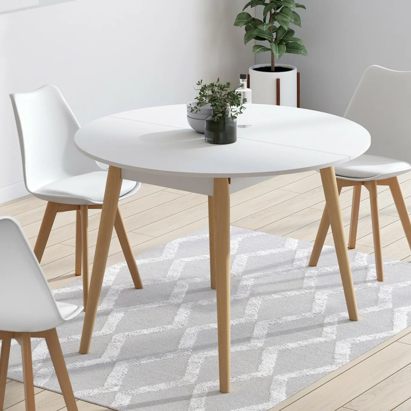 IDMarket Table à manger ronde extensible 4-8 personnes blanc pied bois 110-150 cm* Meubles Blancs|Collection Scandinave