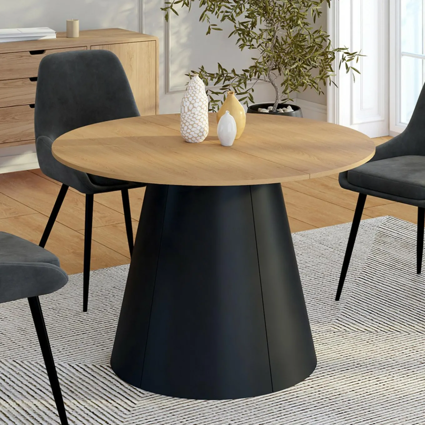 IDMarket Table à manger ronde extensible 4-8 personnes bois effet hêtre et pied noir 110-150 cm* Collection Design|Collection Moderne