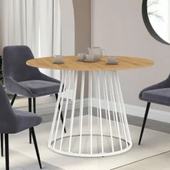 IDMarket Table à manger ronde extensible 110-150 cm 4-8 personnes plateau bois et pied filaire métal blanc* Salle À Manger Complète|Tables Et Chaises