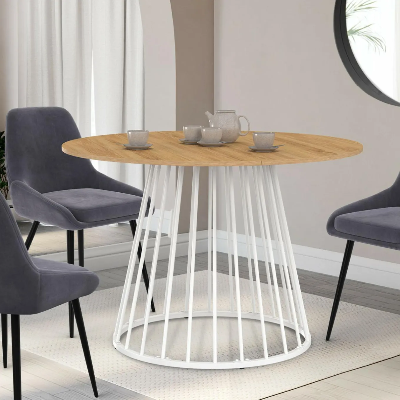 IDMarket Table à manger ronde extensible 110-150 cm 4-8 personnes plateau bois et pied filaire métal blanc* Salle À Manger Complète|Tables Et Chaises