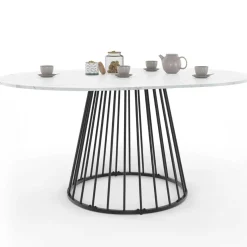 IDMarket Table à manger ronde extensible 110-150 cm 4-8 personnes plateau effet marbre blanc et pied filaire métal noir* Tables|Tables Et Chaises