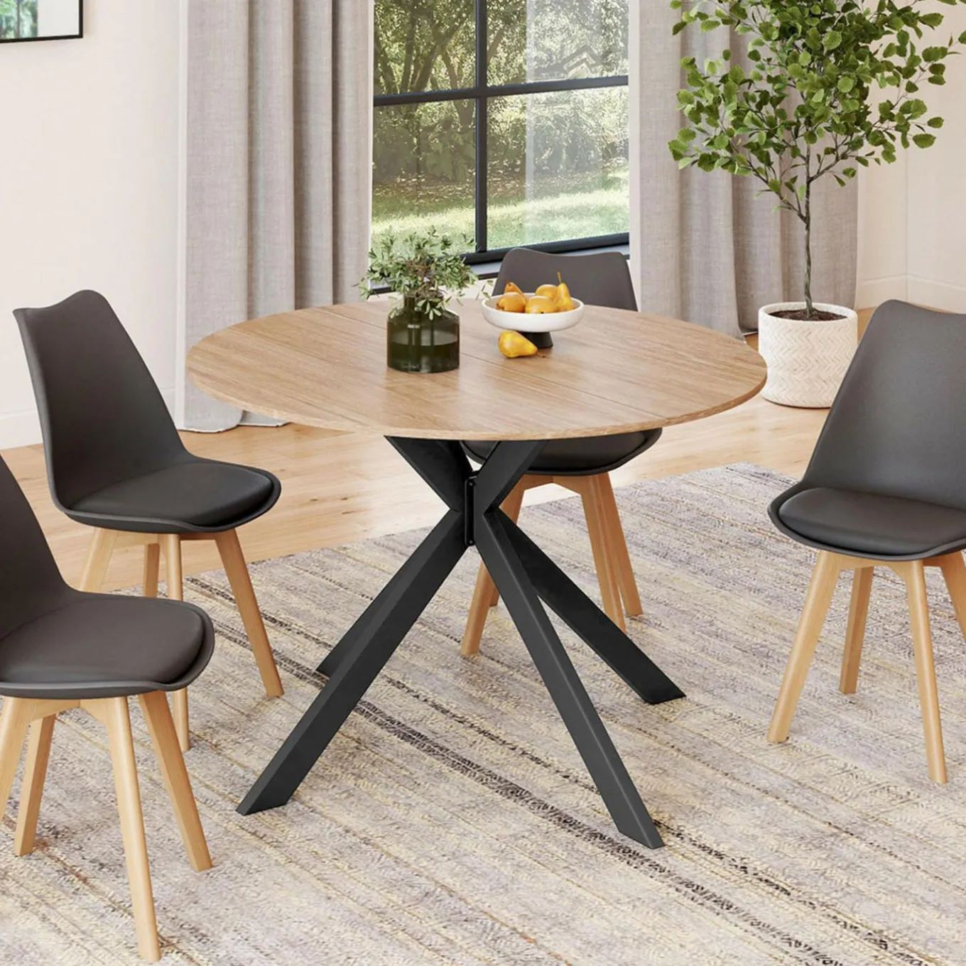 IDMarket Table à manger ronde extensible noir et bois pour 6-8 personnes* Tables