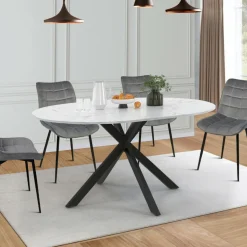IDMarket Table à manger ronde extensible plateau effet marbre 110-150 cm 4-8 personnes pied araignée métal noir* Tables