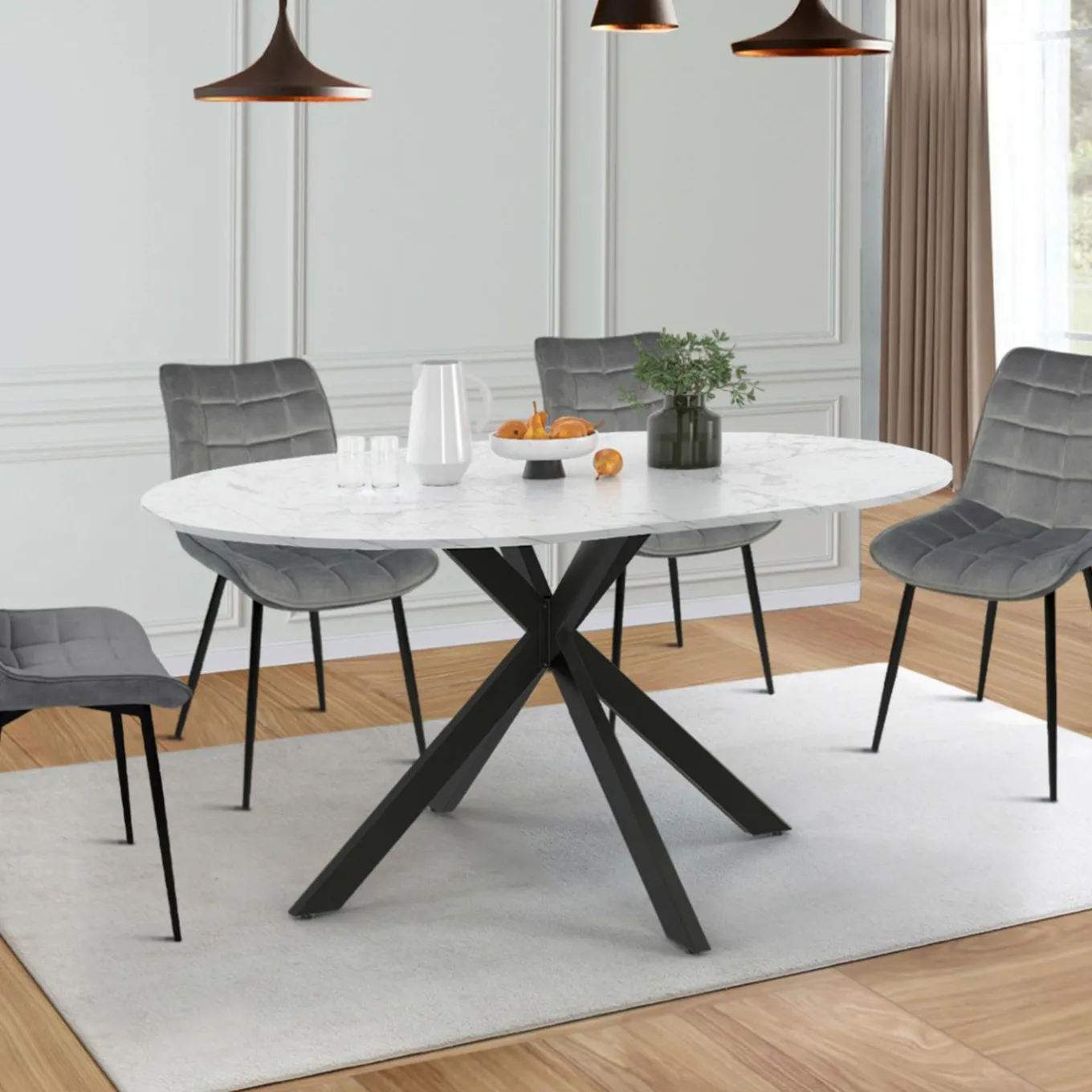 IDMarket Table à manger ronde extensible plateau effet marbre 110-150 cm 4-8 personnes pied araignée métal noir* Tables