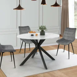 IDMarket Table à manger ronde extensible plateau effet marbre 110-150 cm 4-8 personnes pied araignée métal noir* Tables