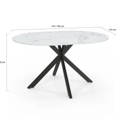 IDMarket Table à manger ronde extensible plateau effet marbre 110-150 cm 4-8 personnes pied araignée métal noir* Tables