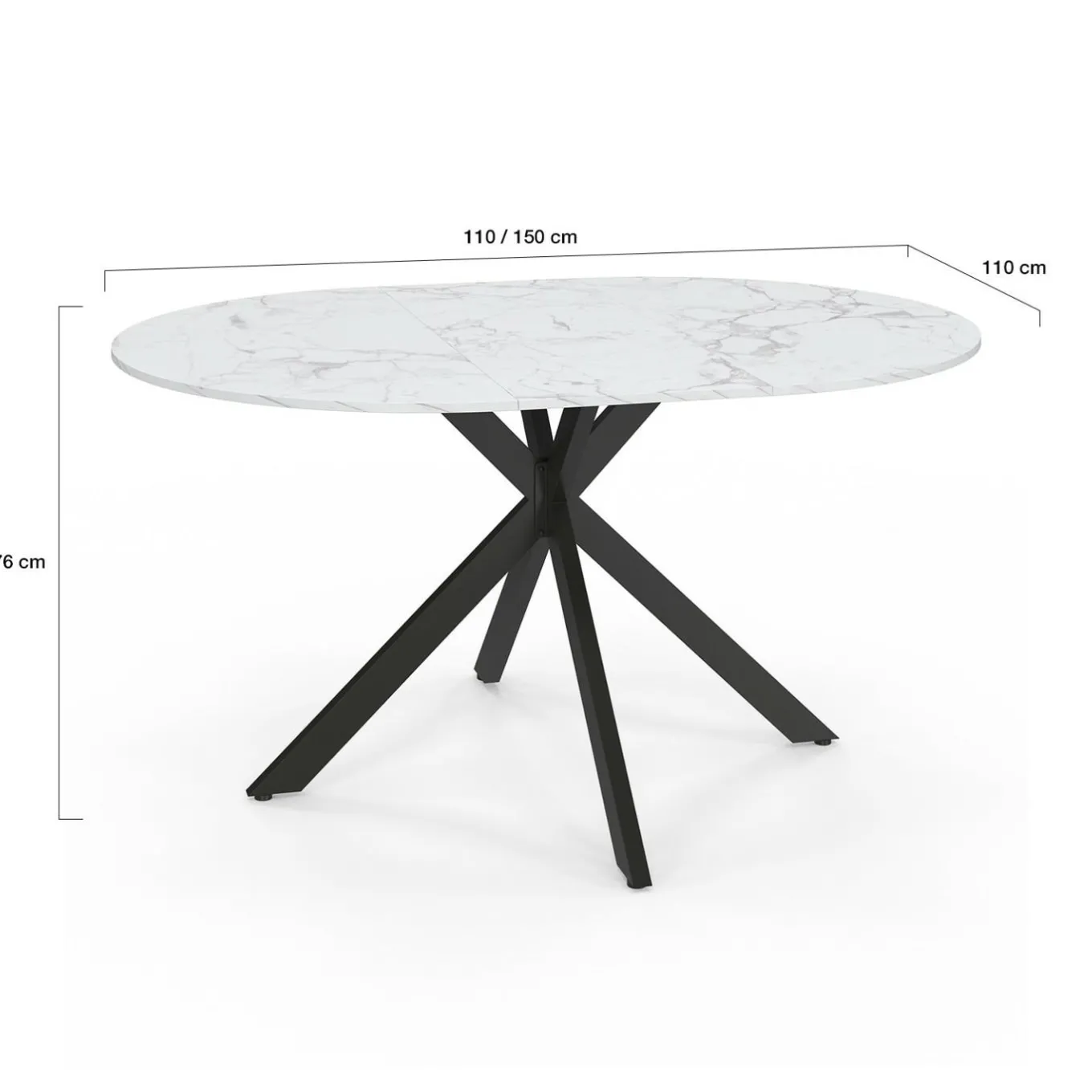 IDMarket Table à manger ronde extensible plateau effet marbre 110-150 cm 4-8 personnes pied araignée métal noir* Tables
