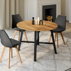 IDMarket Table à manger ronde extensible bois et métal noir* Meubles En Bois|Collection Industrielle