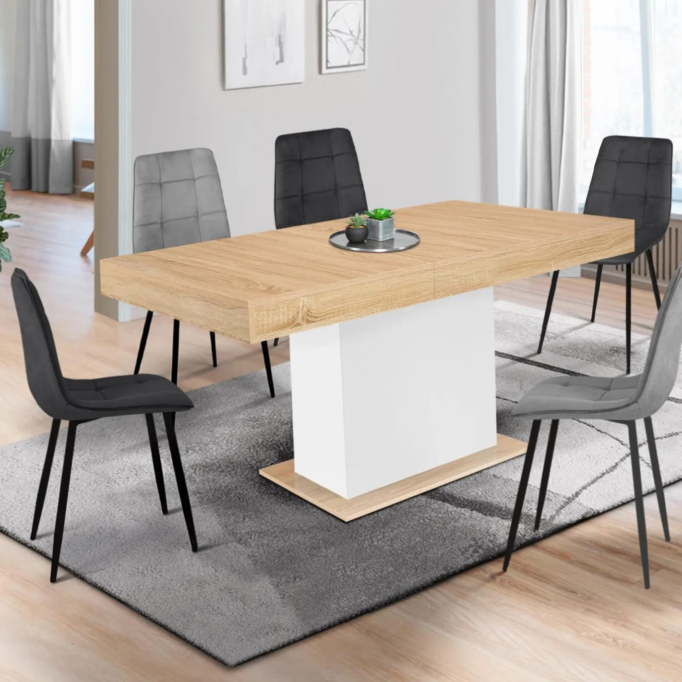 IDMarket Table avec pied central bois et blanc extensible* Meubles En Bois|Collection Design