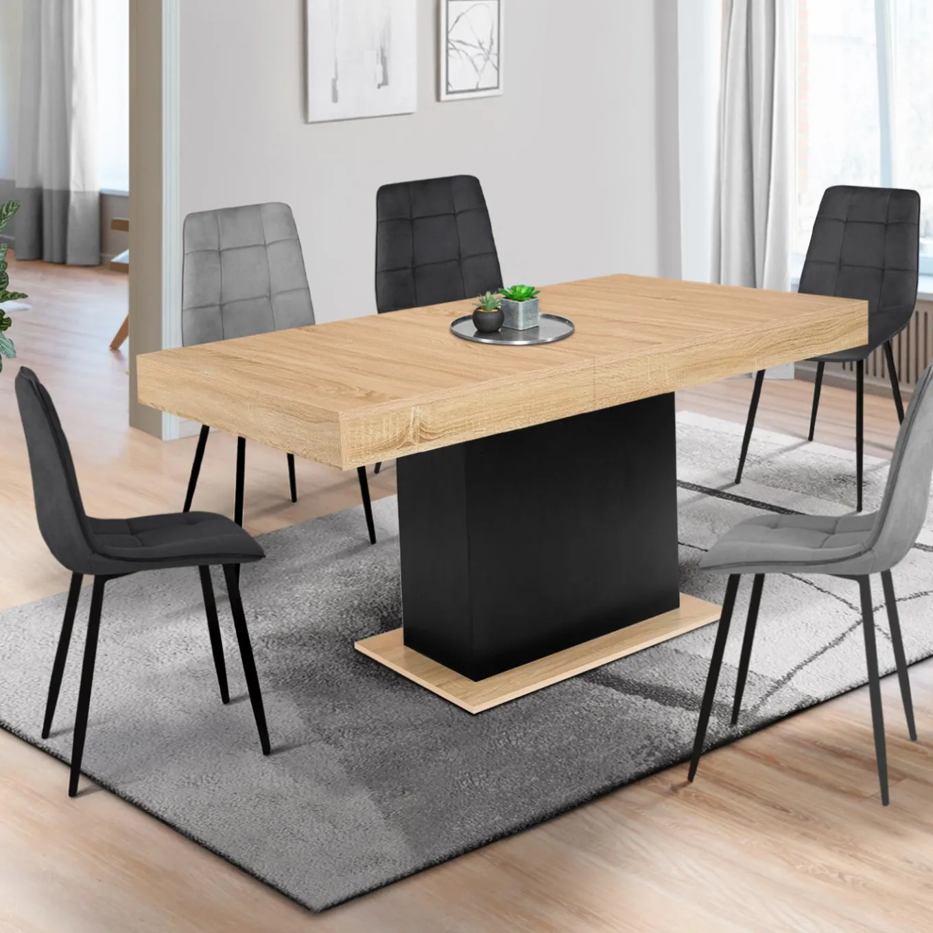IDMarket Table avec pied central bois et noir extensible* Meubles En Bois|Collection Design