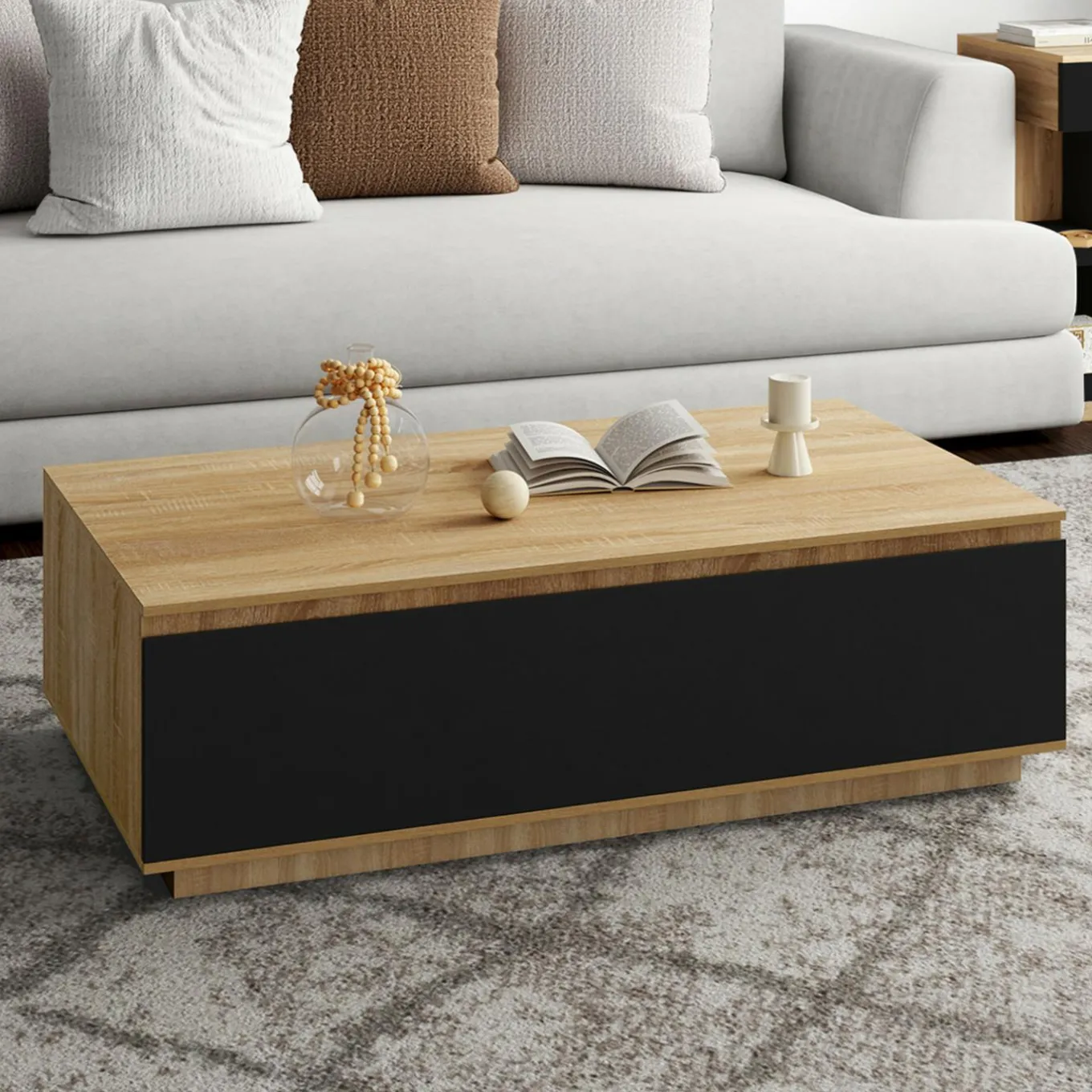 IDMarket Table basse 110 cm avec porte façon hêtre et noir* Collection Contemporaine|Tables Basses