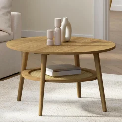 IDMarket Table basse 70 cm ronde bois façon hêtre et plateau effet naturel cannage* Tables Basses