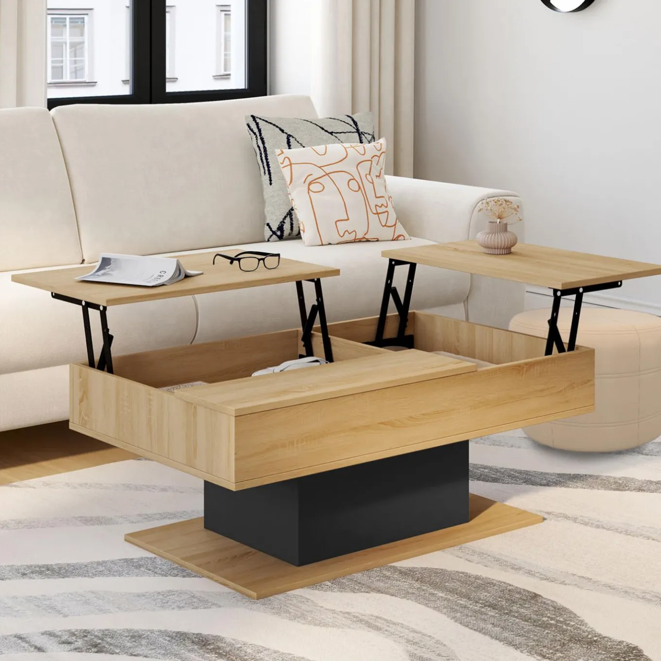 IDMarket Table basse 2 plateaux relevables bois et noir* Tables Basses|Salon Complet