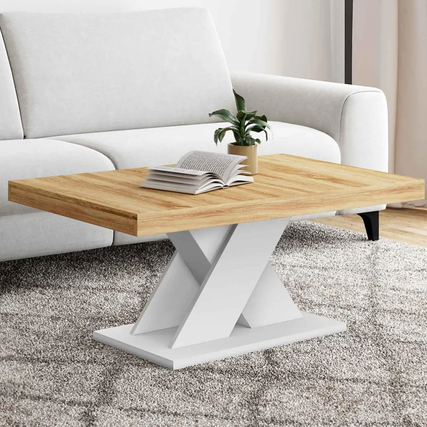IDMarket Table basse avec plateau bois et pied en X blanc* Tables Basses