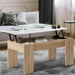 IDMarket Table basse avec plateau relevable bois blanc et imitation hêtre* Collection Design|Collection Contemporaine