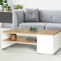 IDMarket Table basse avec rangement bar 110 cm bois imitation hêtre et blanc* Meubles Bas|Meubles Blancs