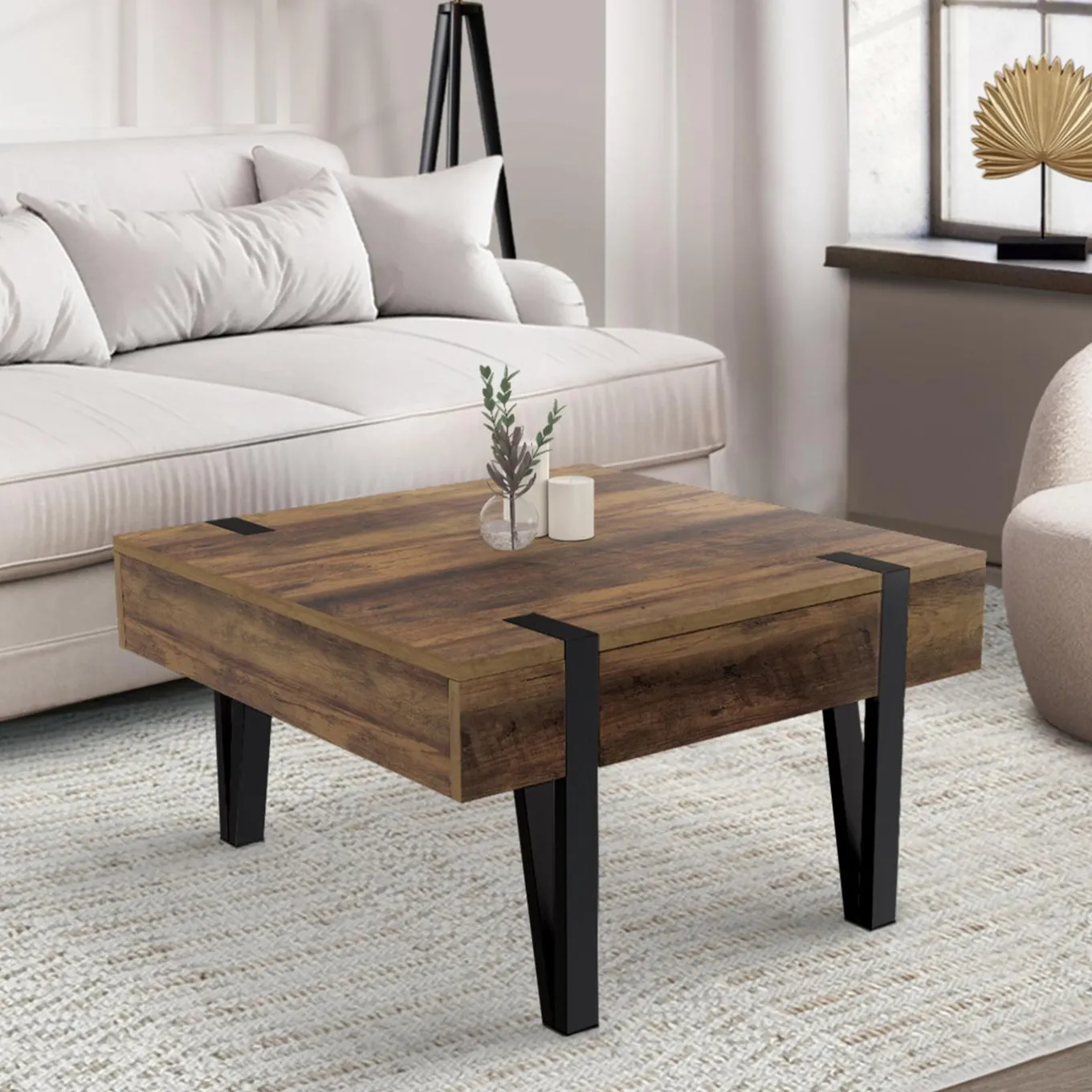 IDMarket Table basse carrée 1 tiroir et pied épingle* Meubles En Bois|Tables Basses