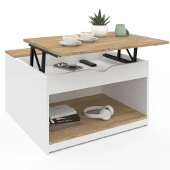 IDMarket Table basse carrée blanche avec plateau relevable et coffre bois* Petits Meubles|Tables Basses