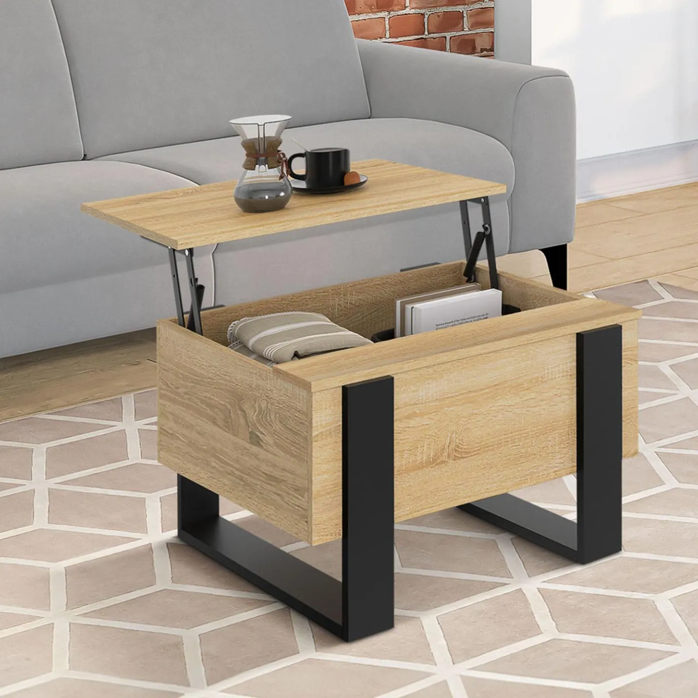 IDMarket Table basse carrée plateau relevable bois et noir* Salon Complet|Tables Basses