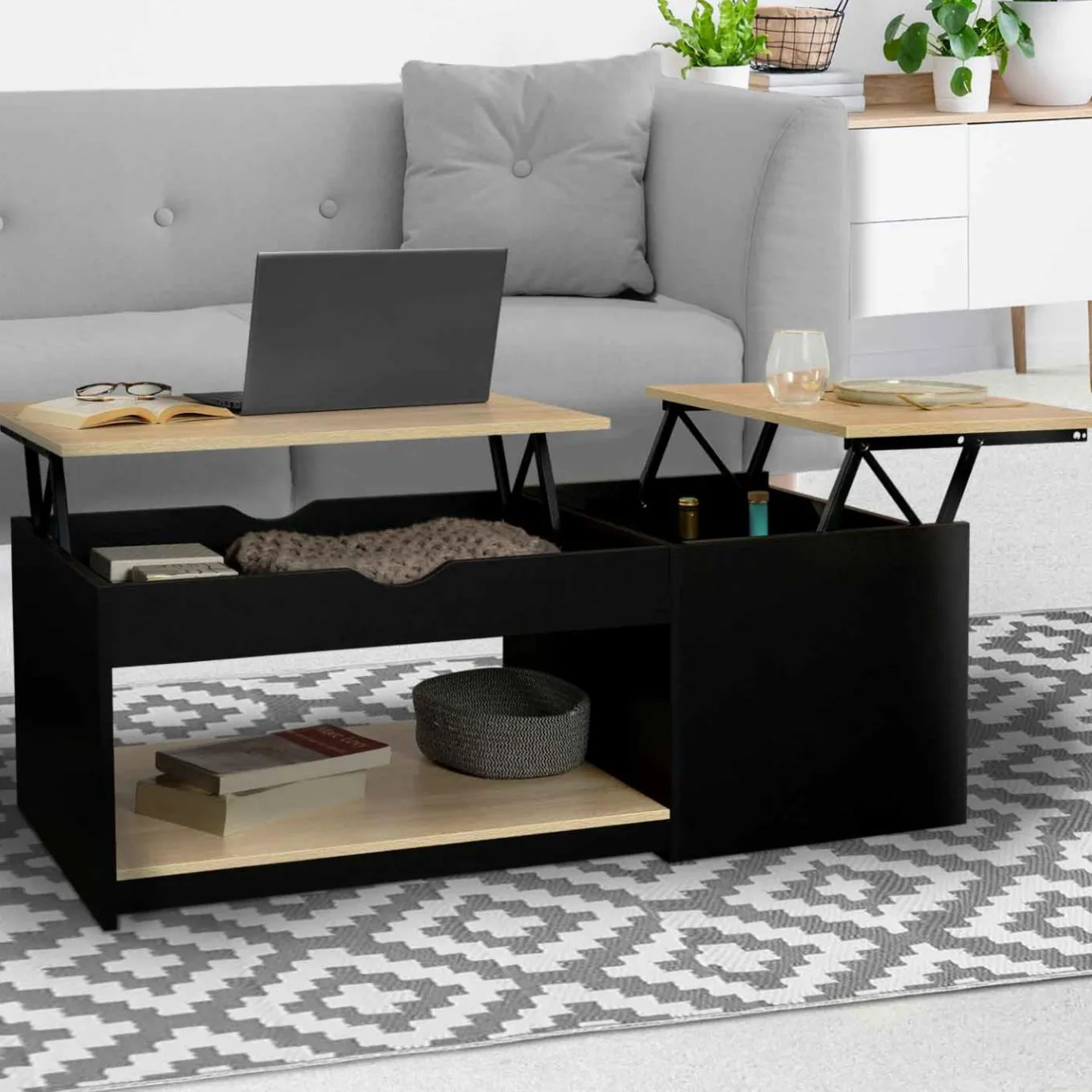 IDMarket Table basse double plateau relevable noir et bois* Collection Design|Collection Moderne